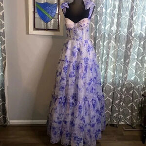 Milla blue & white rose patterned reverse corset lace up maxi/ prom dress